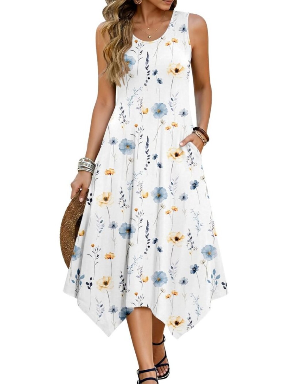 Hotouch Women's Floral Pink White Sleeveless Sundress Hankerchief Beach Dress